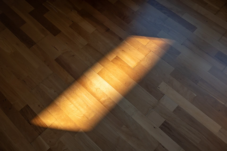 Craftsmen lay parquet flooring in a modern house