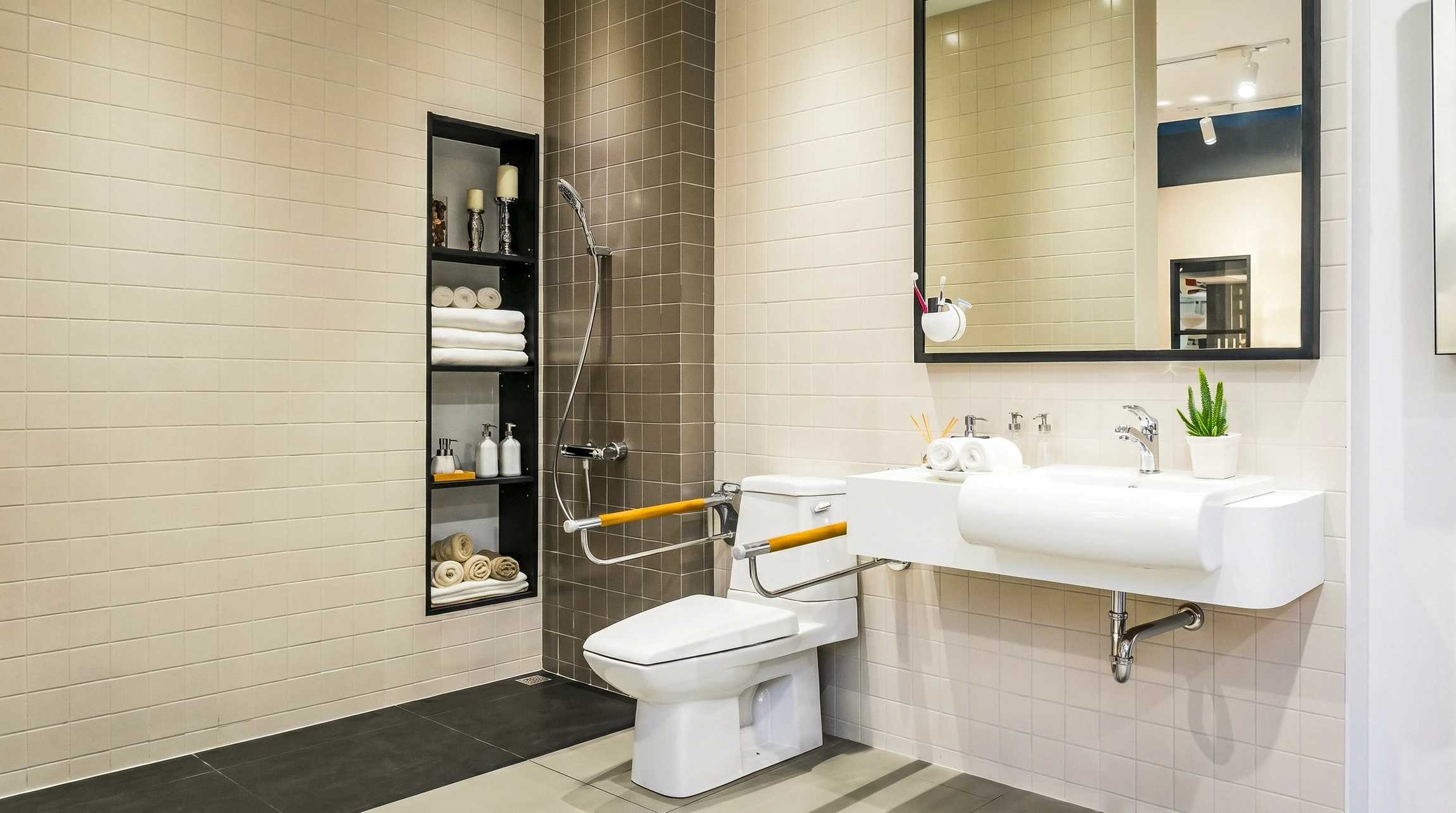 Salle de bain adaptée PMR avec douche à l'italienne équipée de barres d'appui murales blanches, siège de douche rabattable et tabouret blanc réglable